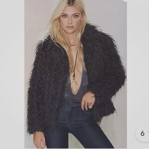 SuperTrash Odia Plush Faux Fur Fluffy Coat Jacket Dark Gray Shaggy